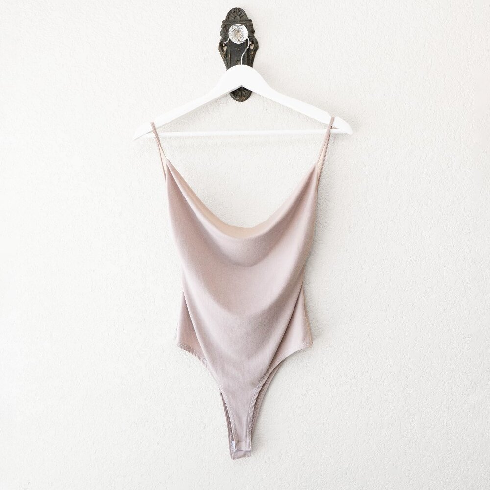Wearever Drape Front Bodysuit Medium Nude Sleeveless Snap Closure Minimalist